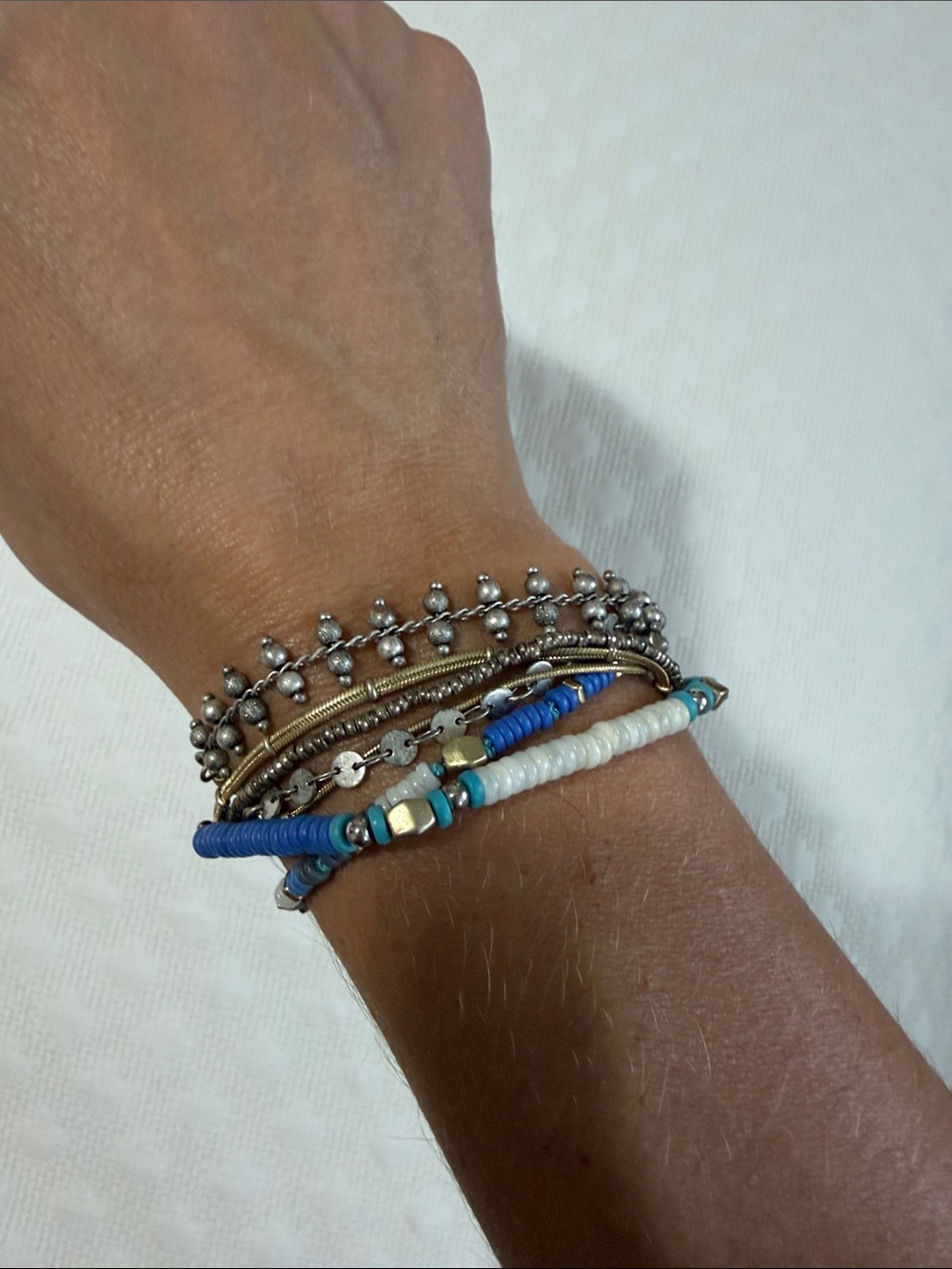 Stella & Dot Blue White and Silver Layered Beaded Bracelet Set